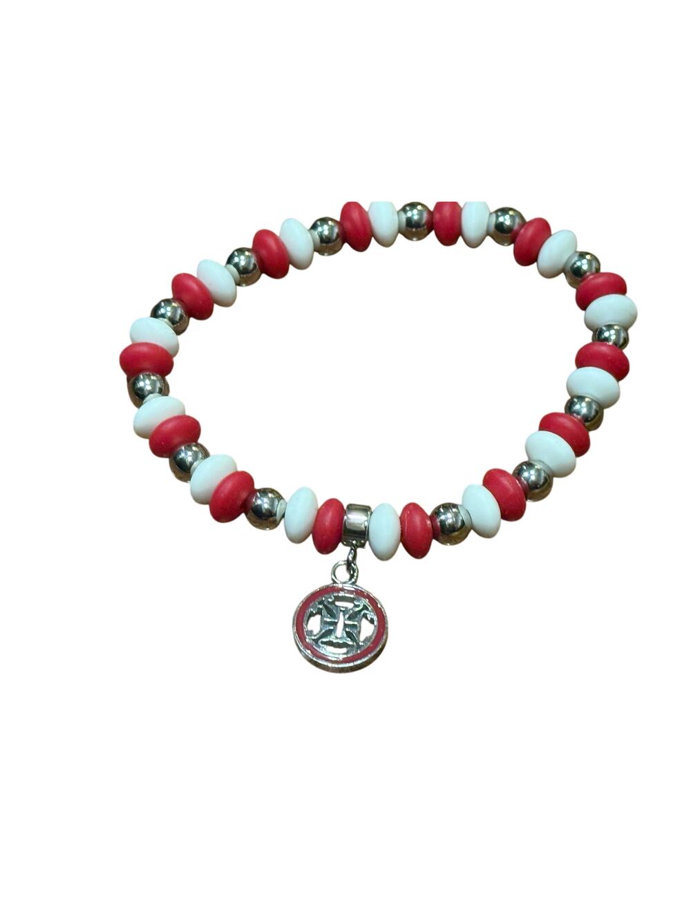 Rustic Cuff Red, White , & Silver Beads Stretch Bracelet Stackable logo charm